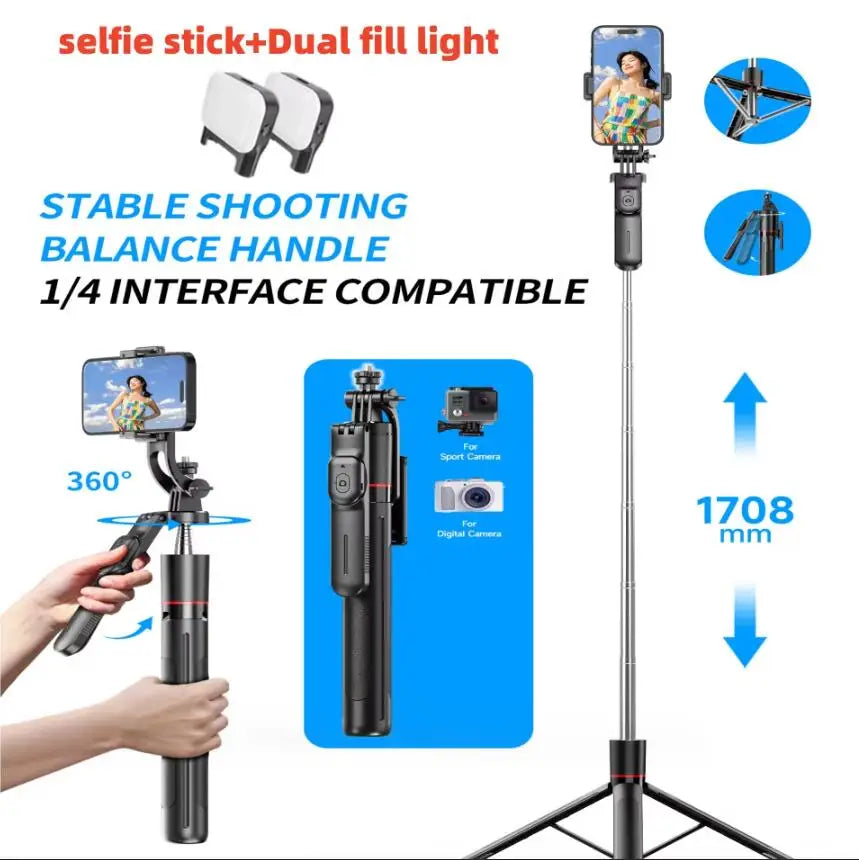 A selfie stick tripod with a dual fill light and a stable shooting balance handle is shown.