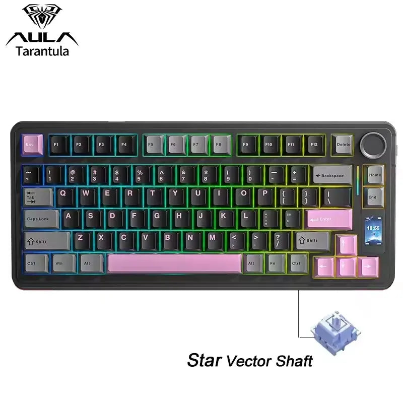A black mechanical gaming keyboard featuring a purple keycap and a visible Star Vector Shaft component.