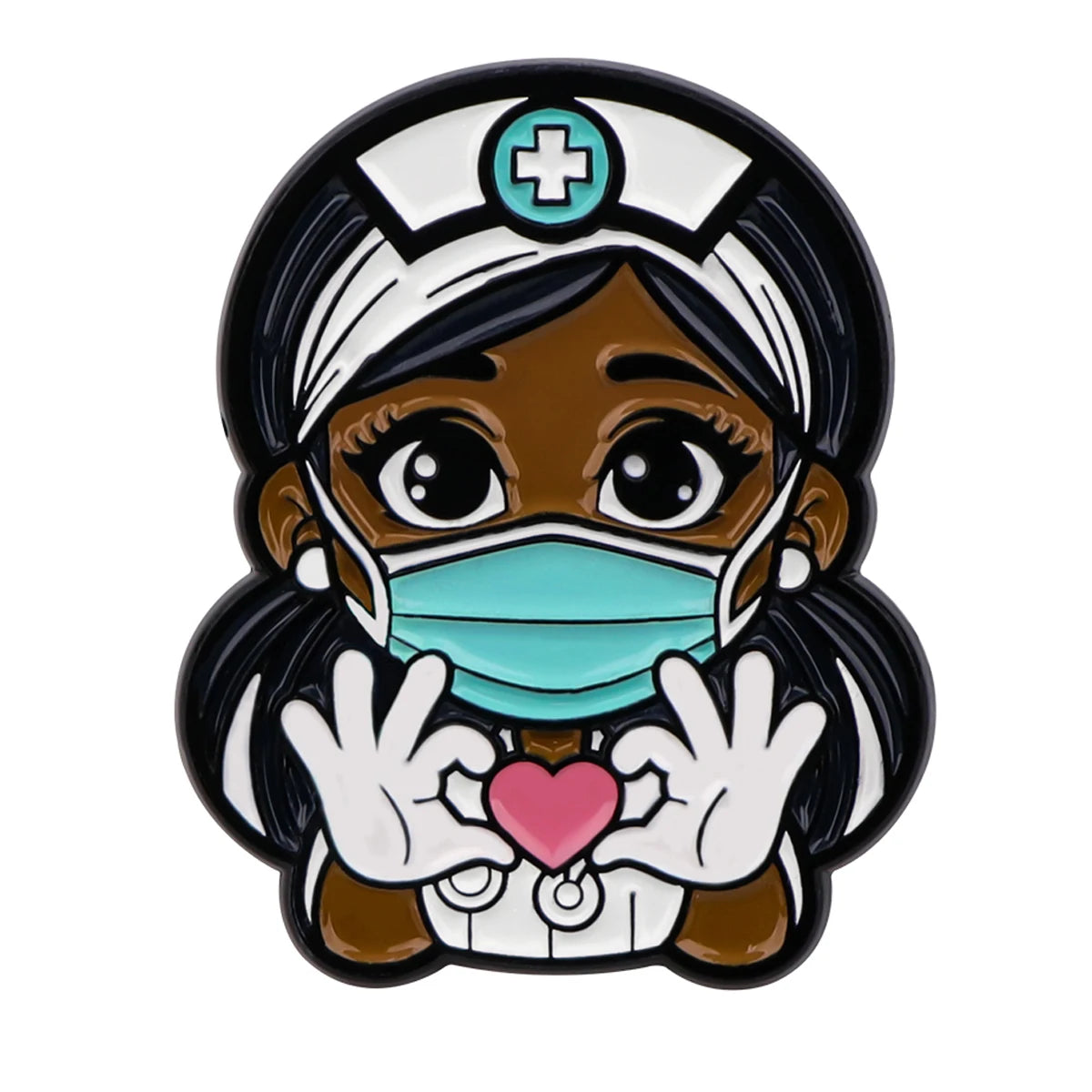 A glossy enamel pin featuring a woman with dark skin wearing a medical mask and holding a pink heart.