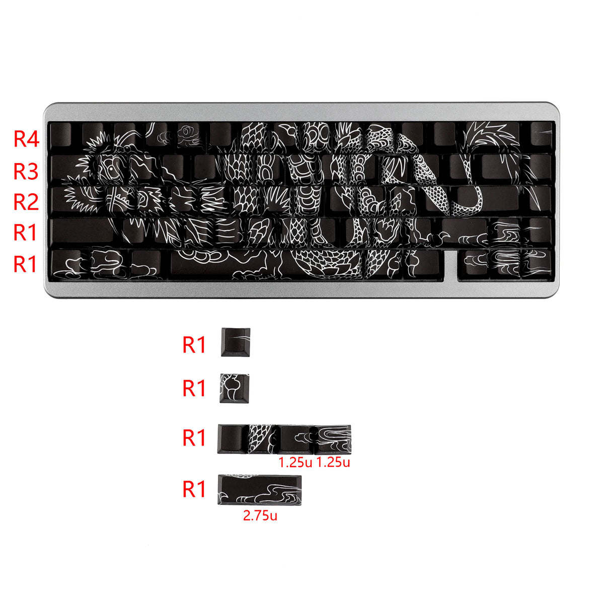 A close-up view of a set of black Dragon Shadow Side-Lit PBT keycaps with cherry profile, showing various sizes and profiles.