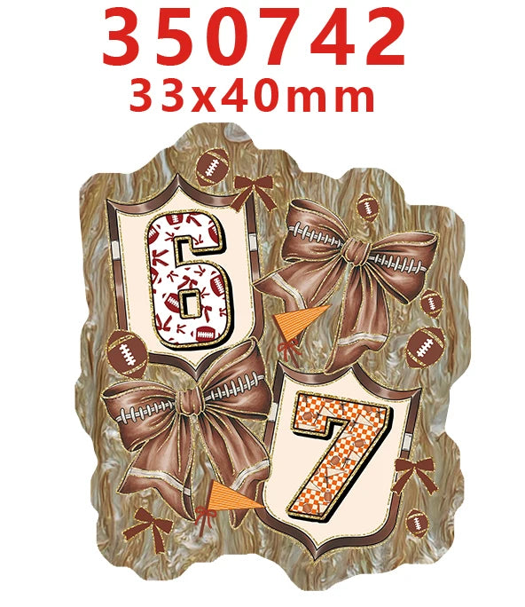 A set of ten faith-themed acrylic hairbows featuring the numbers 6 and 7 on decorative shields.