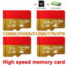 A set of high-speed memory cards including a MicroSD adapter and a card reader, showing various capacities like 128GB, 256GB,