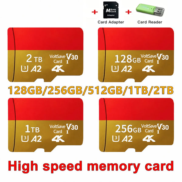 Un juego de tarjetas de memoria de alta velocidad, incluyendo adaptador MicroSD y lector, con capacidades como 128GB, 256GB.