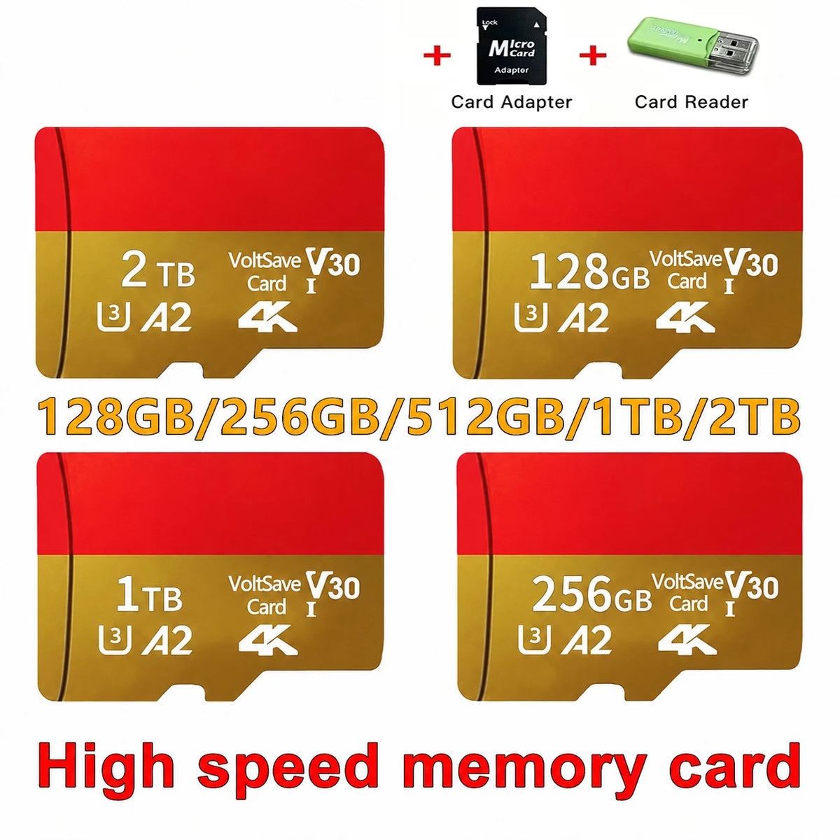 A set of high-speed memory cards including a MicroSD adapter and a card reader, showing various storage capacities like 128GB
