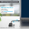 A black USB 3.0 hub adapter is shown connected to a laptop, demonstrating fast data transmission.