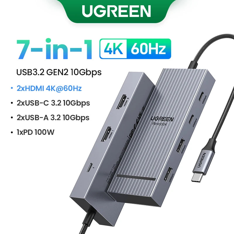 A gray UGREEN 7-in-1 hub featuring USB 3.2 Gen 2 ports, HDMI output, and a 100W PD charging port.