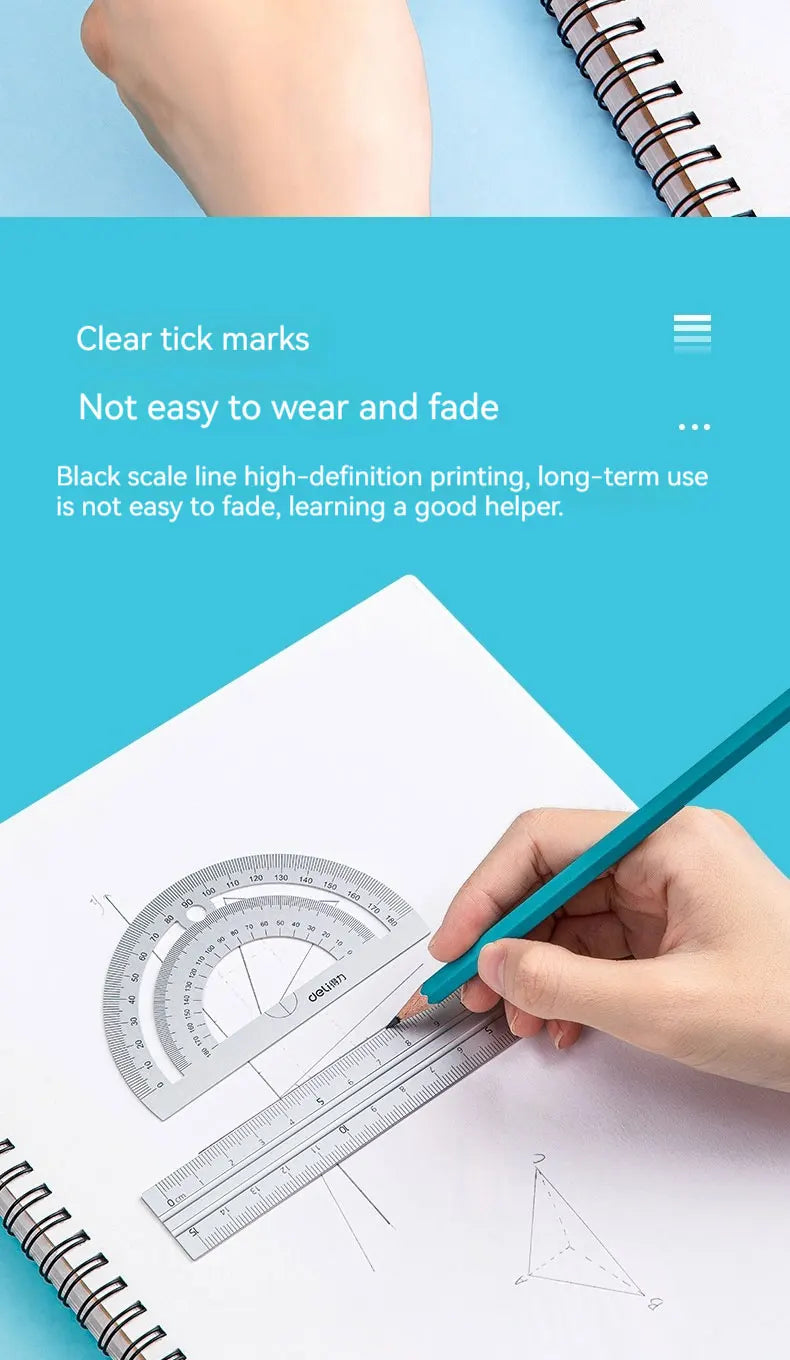 A hand holds a green drafting ruler on a white notebook page with a pencil, demonstrating the use of a professional aluminum 