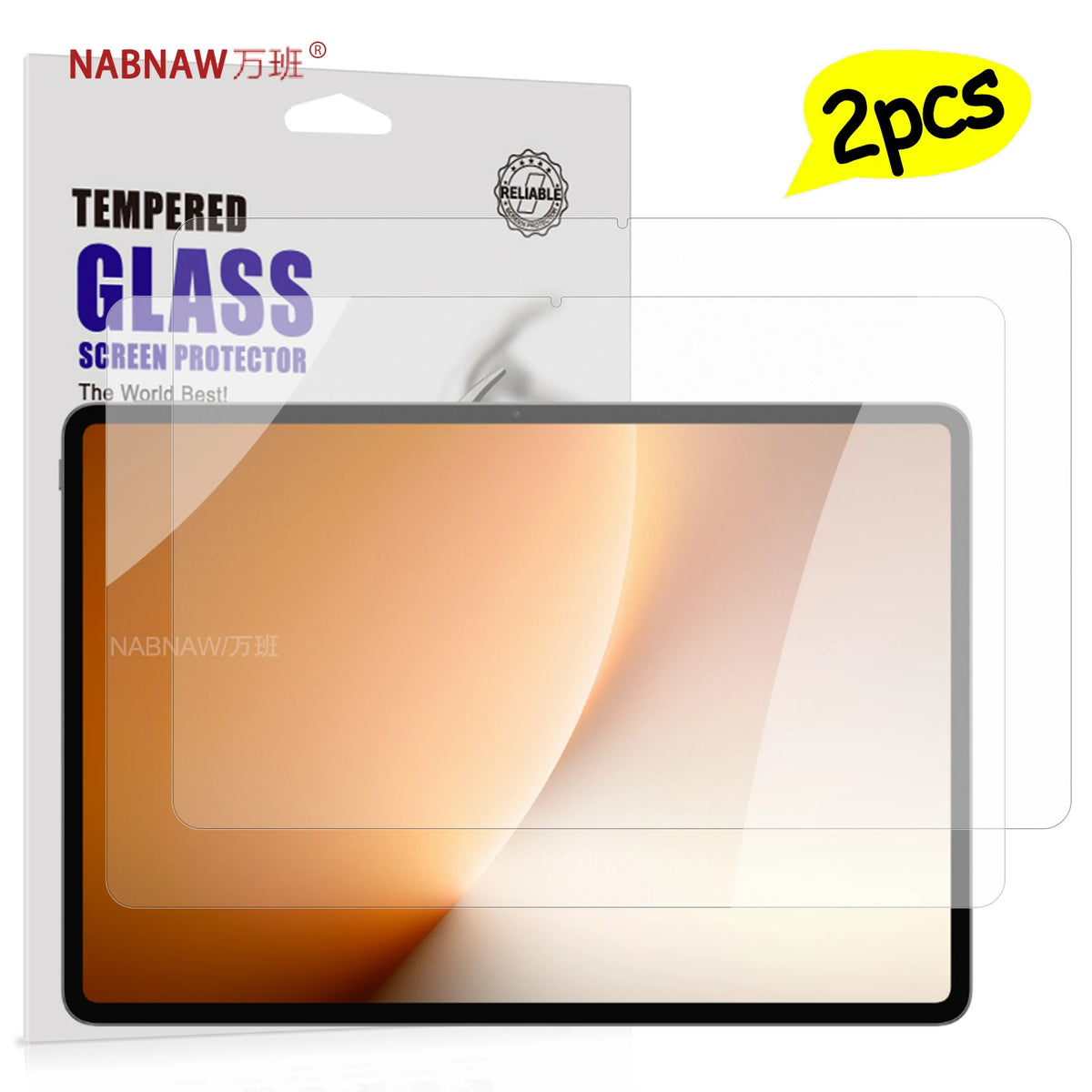 A package of two tempered glass screen protectors for a tablet device.