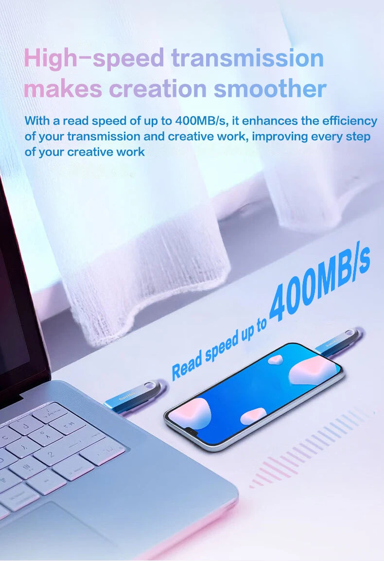 A close-up of a blue smartphone lying next to a laptop, with text promoting high-speed data transfer.