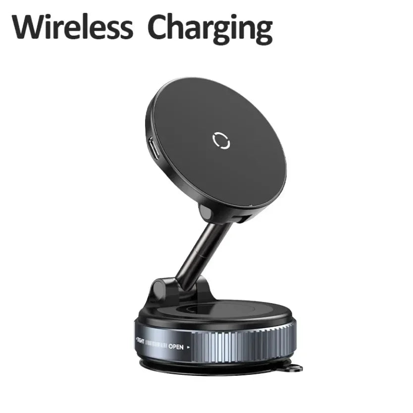 A black 360° magnetic wireless phone mount designed for use on cars and desks.