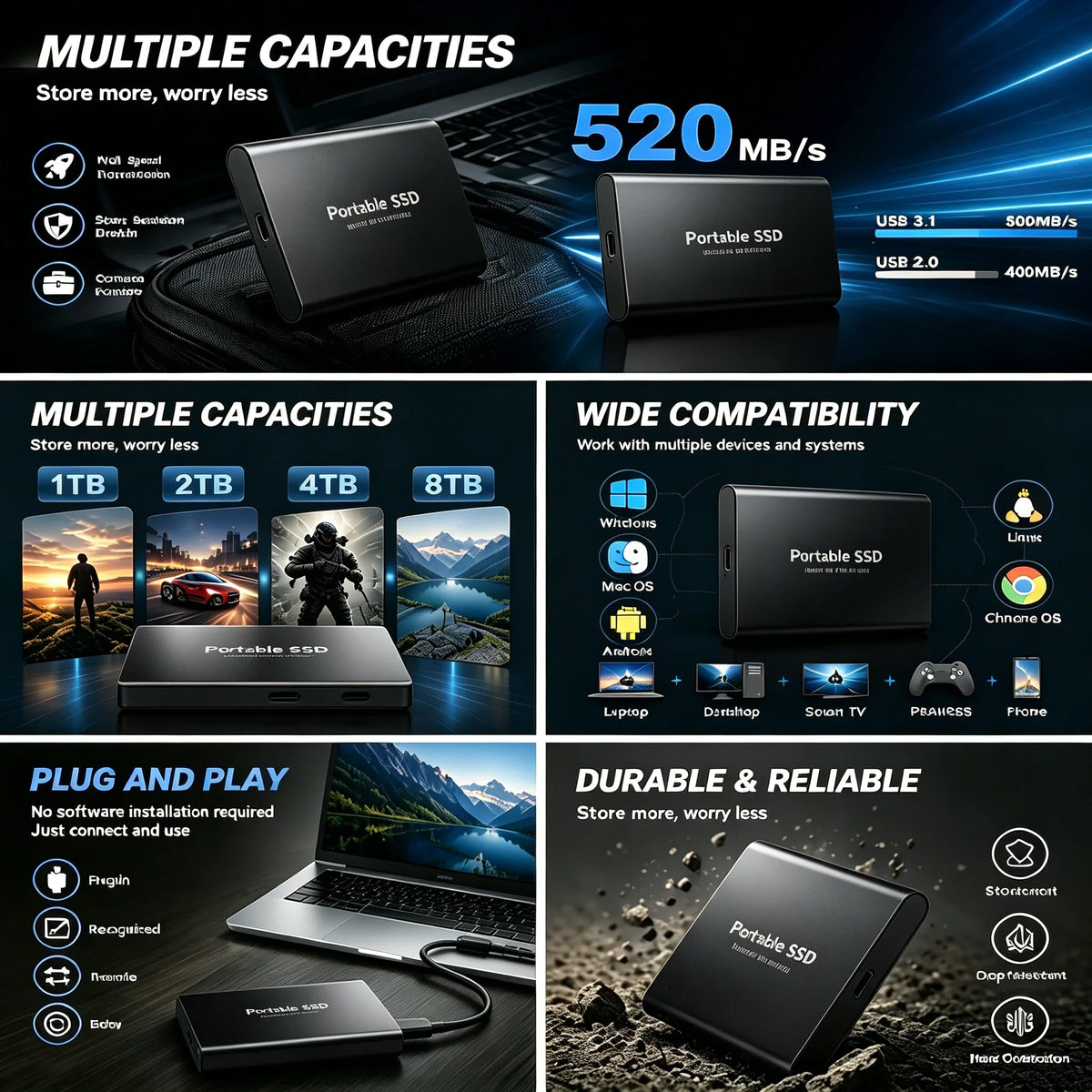 Portables SSD-Speichermedium mit verschiedenen Kapazitäten und Kompatibilitätsoptionen