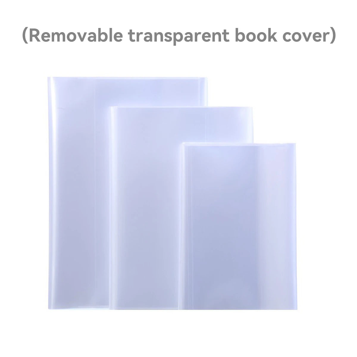 Tres cubiertas o protectores de libros de plástico transparente mostrados uno al lado del otro