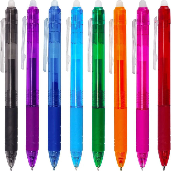 A set of eight colored retractable erasable gel pens in various bright colors.