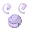 A set of wireless Bluetooth earbuds in light purple, shown with the earbud components and a charging case.
