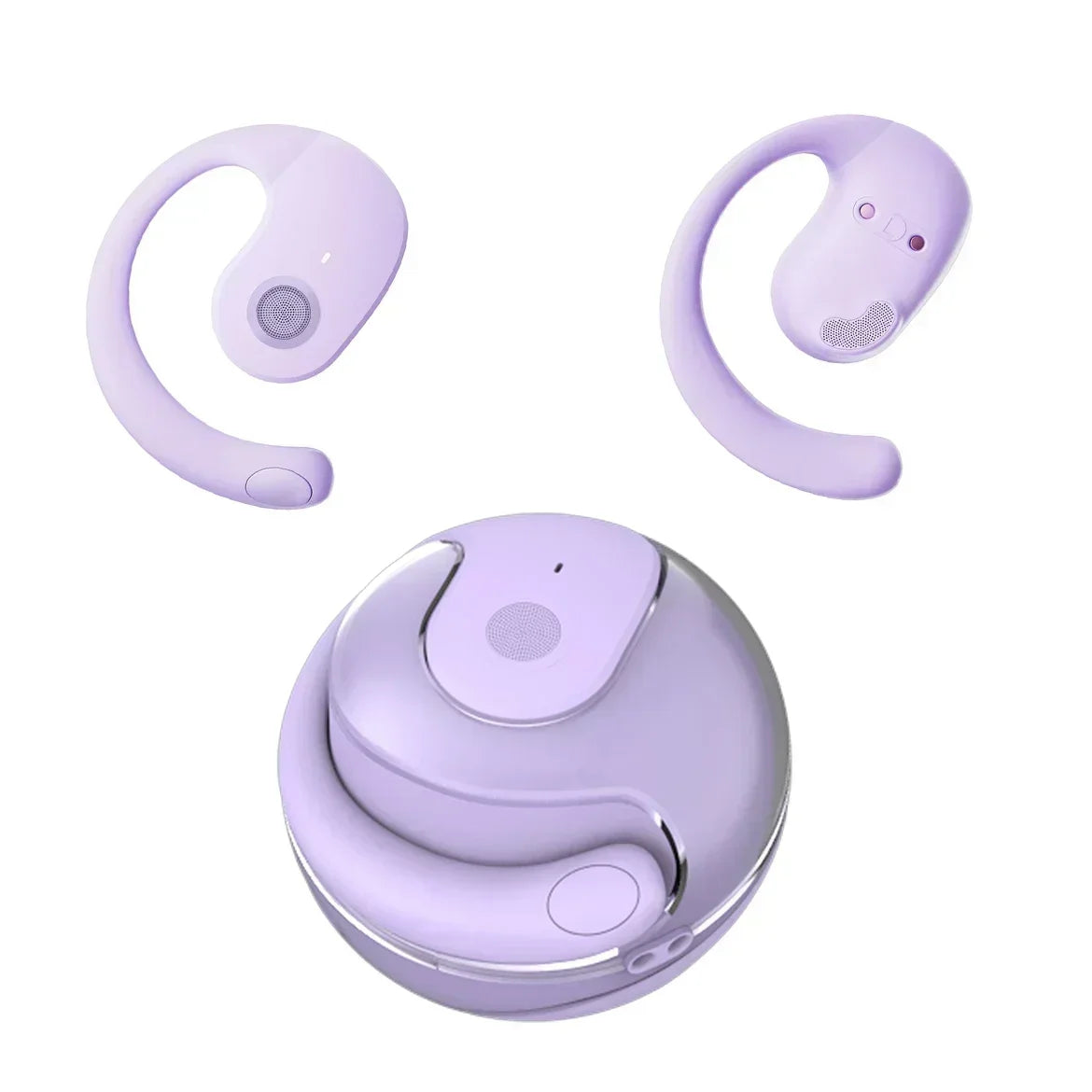 A set of wireless Bluetooth earbuds in light purple, shown with the earbud components and a charging case.