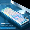 A white and blue mechanical keyboard with a liquid silica gel base plate shown on a dark surface.