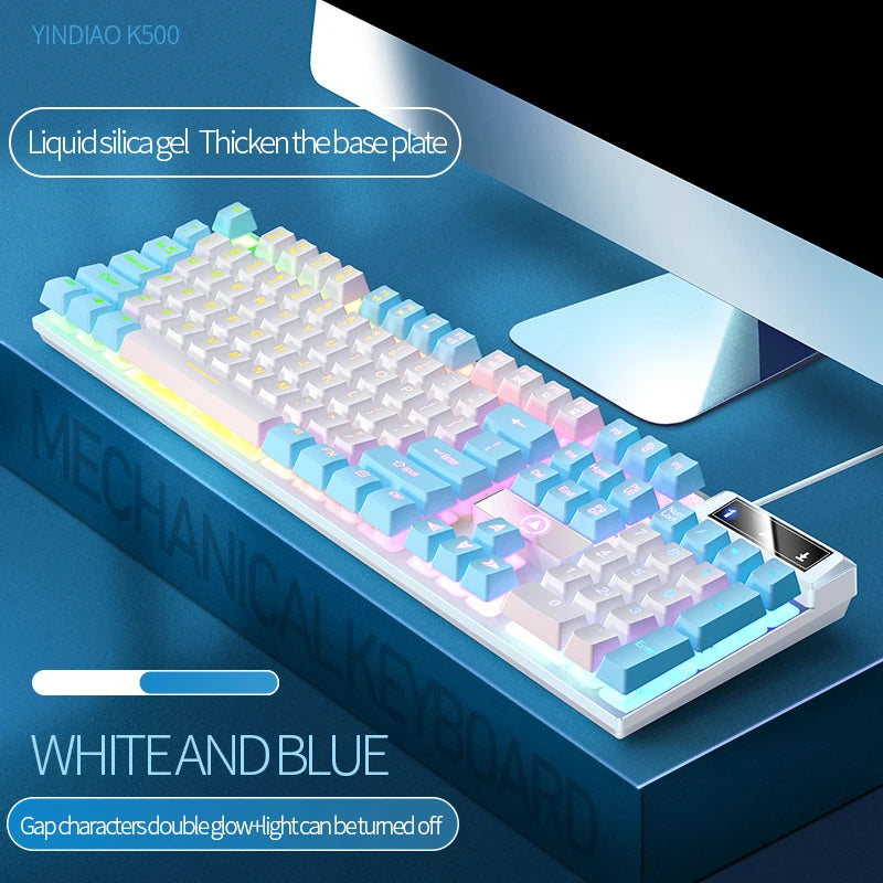 A white and blue mechanical keyboard with a liquid silica gel base plate shown on a dark surface.