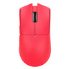 A red lightweight wireless gaming mouse with a black scroll wheel and a blue light indicator.