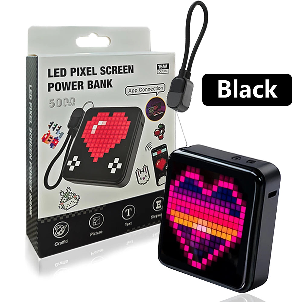 Black LED pixel screen power bank with a cord and packaging box.