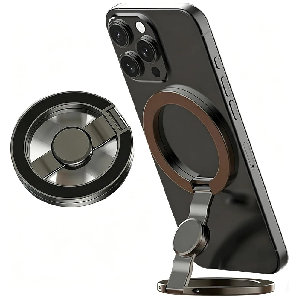 A black foldable phone stand featuring a magnetic holder and an integrated fidget spinner.