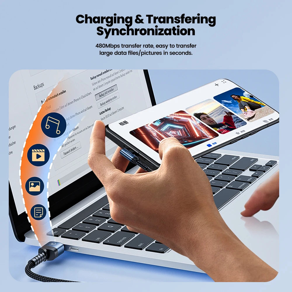 A hand connects a 60W USB-C fast charging cable to a laptop, illustrating data transfer synchronization.