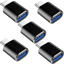 Paquete múltiple de adaptadores USB-C a USB-A negros para transferencia de datos.