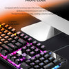 A close-up view of a black gaming keyboard with vibrant purple and blue backlight effects.