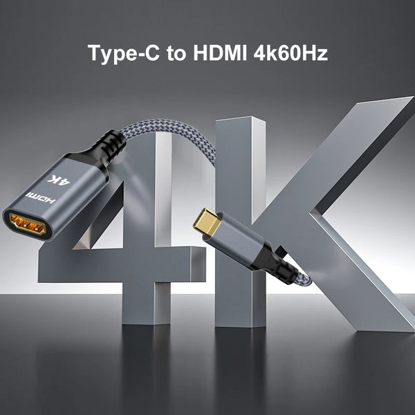A Type-C to HDMI 4K 60Hz adapter cable is shown next to the number 4, demonstrating its connection capability.