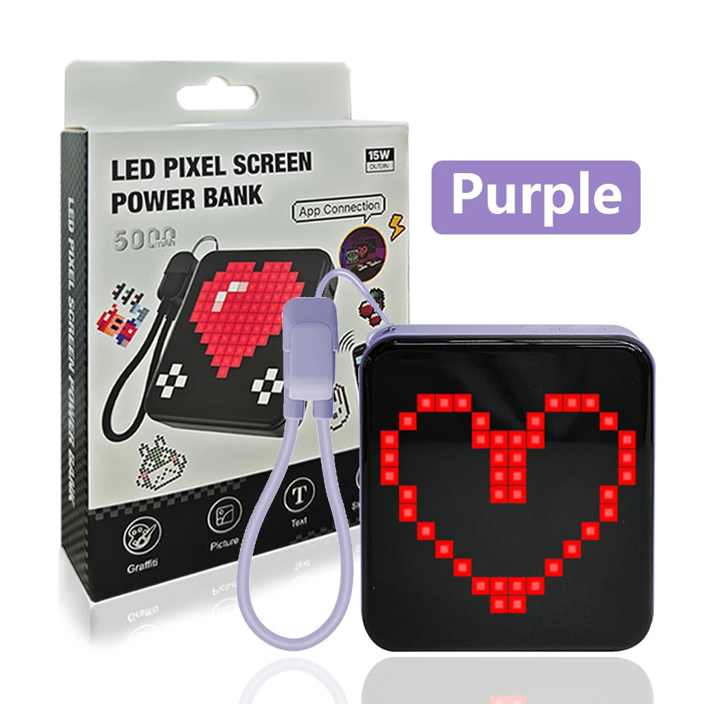 A purple LED pixel screen power bank with a heart design displayed on a black background.