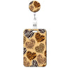 A leopard print retractable badge holder with a gold and brown pattern.