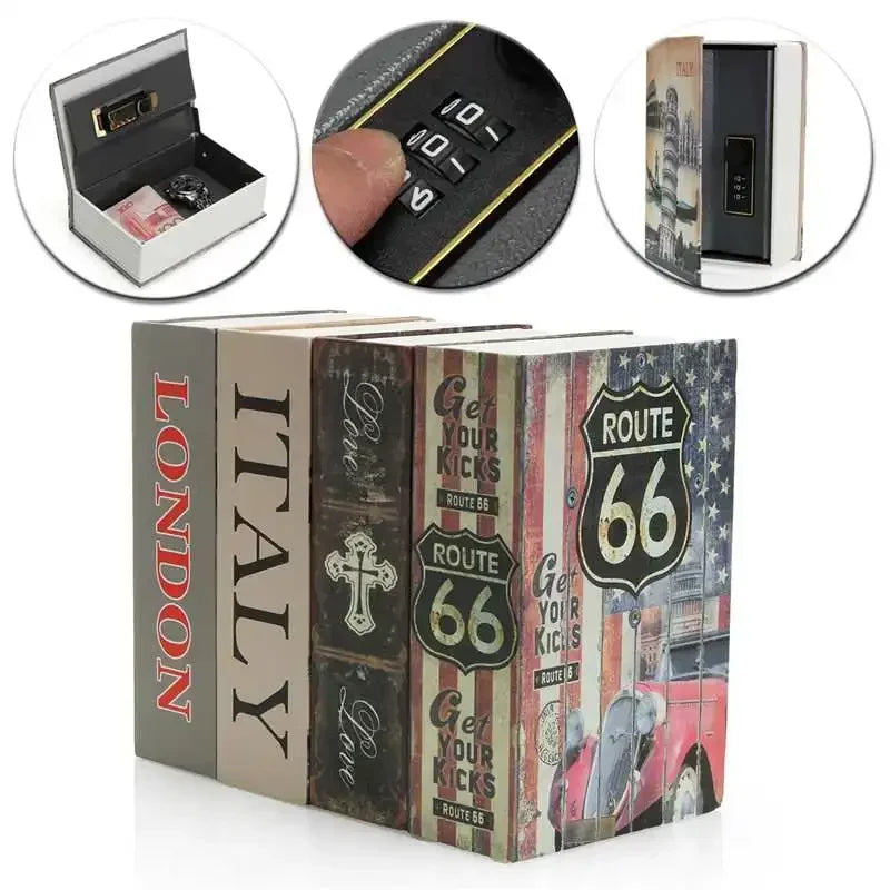 A combination key lock safe box with various views showing the lock mechanism and the product packaging.