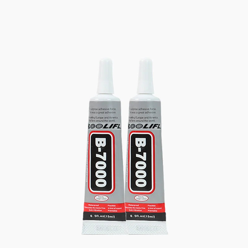 Two bottles of B-7000 precision adhesive jewelry glue with white caps and black labels