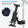 A black adjustable mount for tablets or phones, shown attached to a white pole.