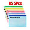 Cinco bolsas organizadoras de documentos transparentes con cremallera en varios colores, incluyendo verde, amarillo, rosa y a