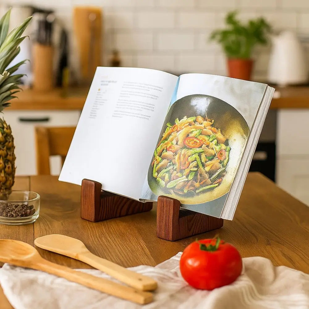 A vintage wooden cookbook holder stands on a wooden table next to a cookbook, a tomato, and wooden spoons.