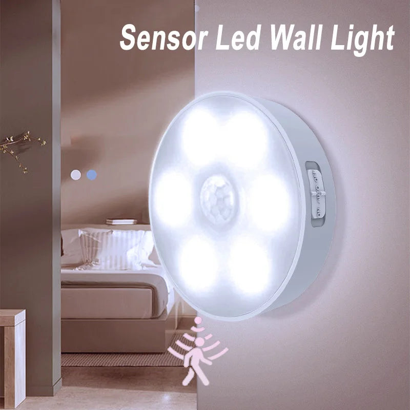 A round sensor led wall light fixture mounted on a wall, illuminating a room.
