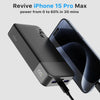 A portable power bank is shown next to an iPhone, demonstrating its ability to charge the phone from 0 to 60% in 30 minutes.