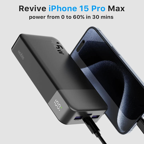 A portable power bank is shown next to an iPhone, demonstrating its ability to charge the phone from 0 to 60% in 30 minutes.