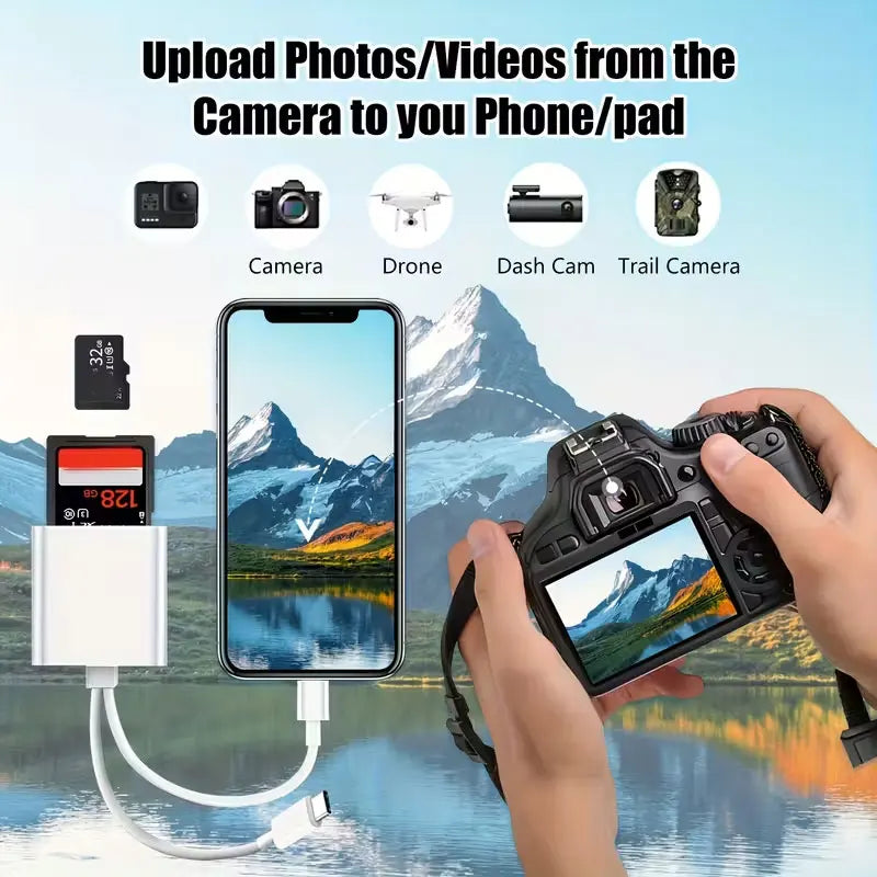 Una mano sostiene un adaptador de cámara digital conectando un smartphone a una cámara o dron para transferencia de fotos y v