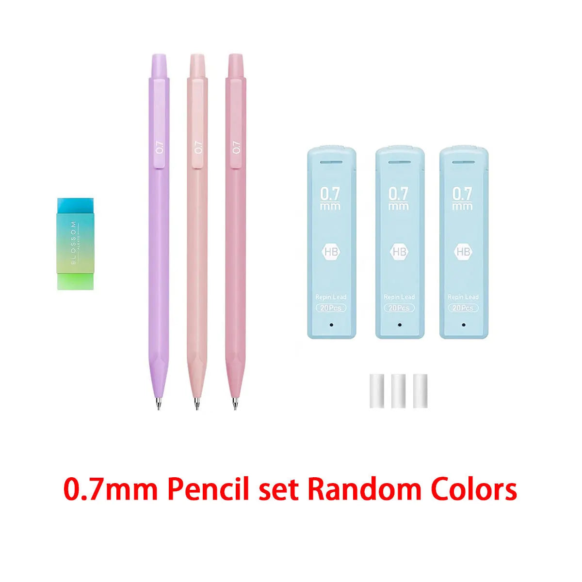 A set of 7 random colored 0.7mm mechanical pencils in pastel shades including purple, pink, and blue.