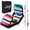 A black storage pouch holds a set of dual-tip brush markers with 36 vibrant colors arranged in rows.