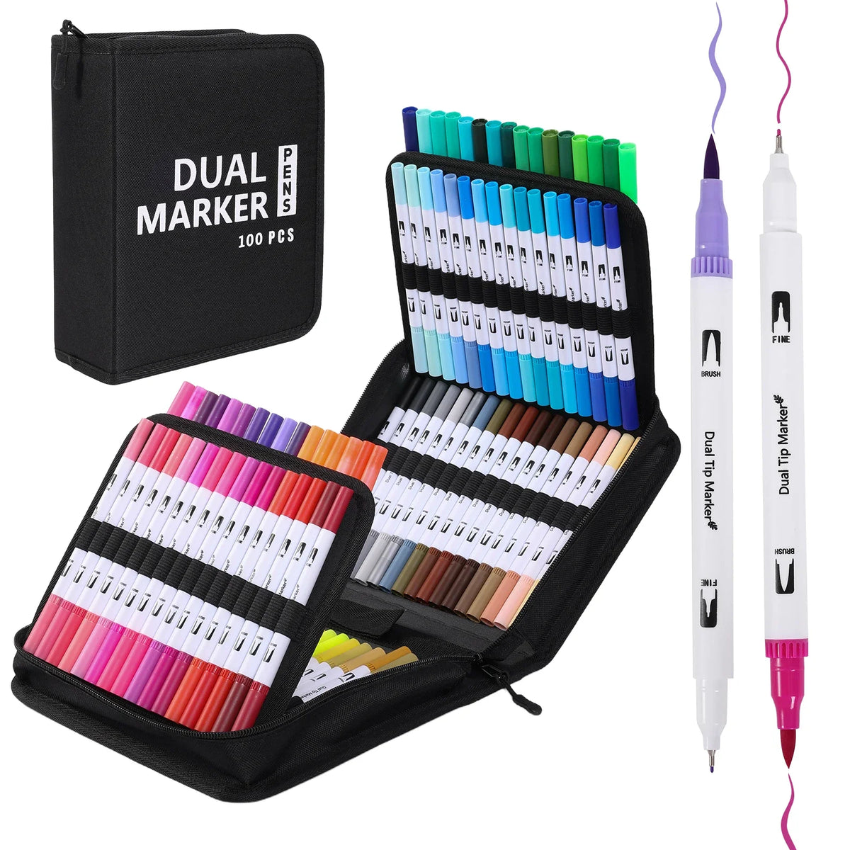 A black storage pouch holds a set of dual-tip brush markers with 36 vibrant colors arranged in rows.