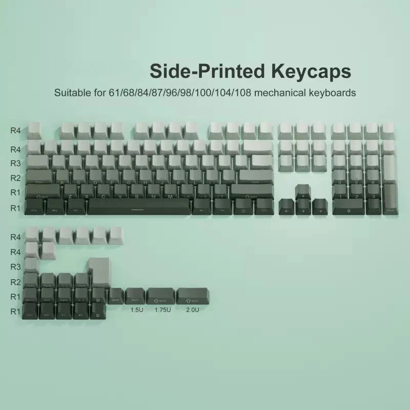 Keycaps impresas en los lados para teclados mecánicos, mostrando varios tamaños y perfiles.