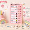A pink reusable sliding chore chart board with various household tasks like brush teeth, make bed, and clean room.