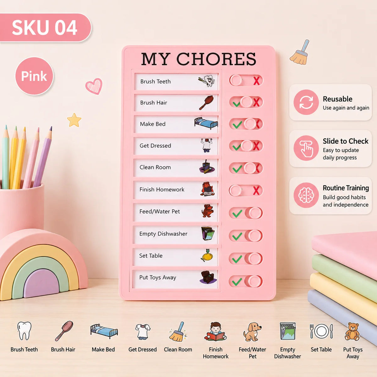 A pink reusable sliding chore chart board with various household tasks like brush teeth, make bed, and clean room.