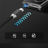 A braided mini USB cable is shown connecting a device to a larger unit, with blue light beams indicating data transfer.