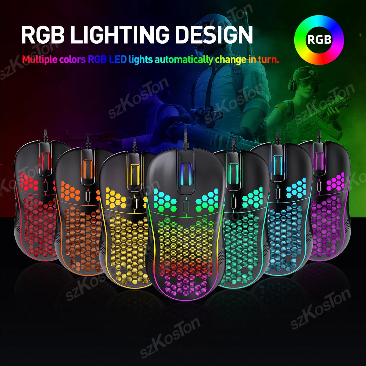 A row of honeycomb RGB gaming mice in various colors, demonstrating automatic color changes.