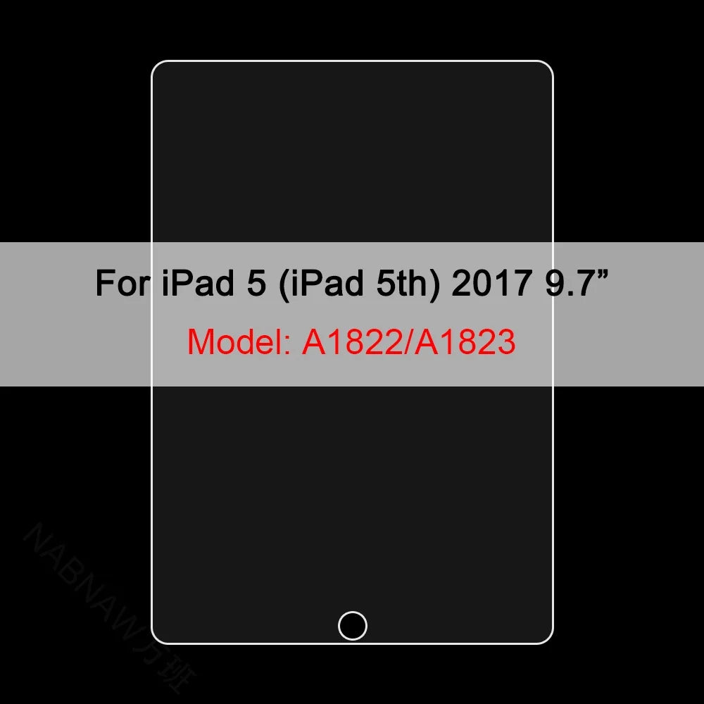 A black screen protector for an iPad 5 (iPad 5th) 2017 model with the model number A1822/A1823 displayed on a gray background