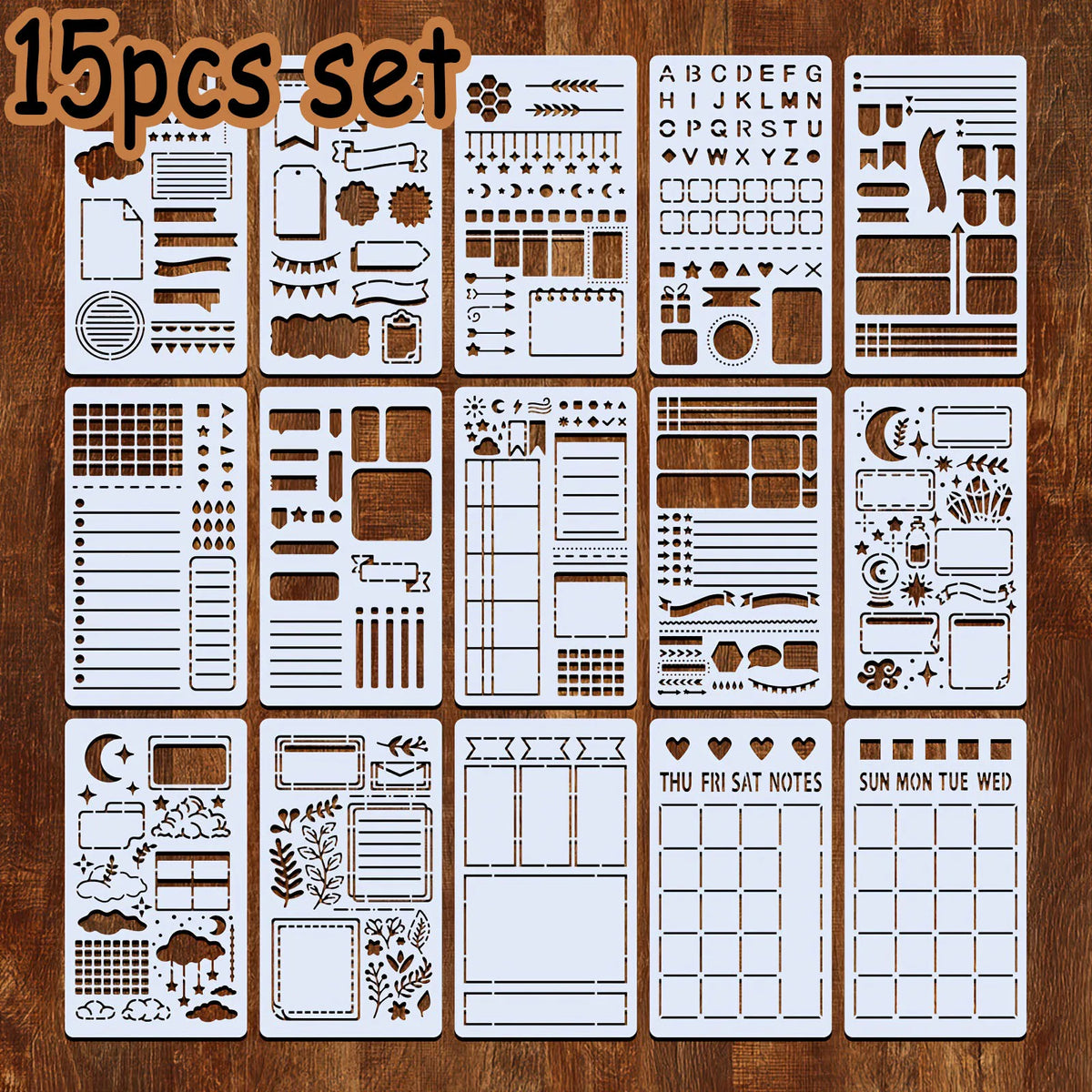 A set of 15 reusable journal and scrapbooking stencils featuring various patterns and designs for drawing and crafting.