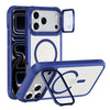 A blue magnetic shockproof iPhone case with a camera lens protection cover and a transparent display case.